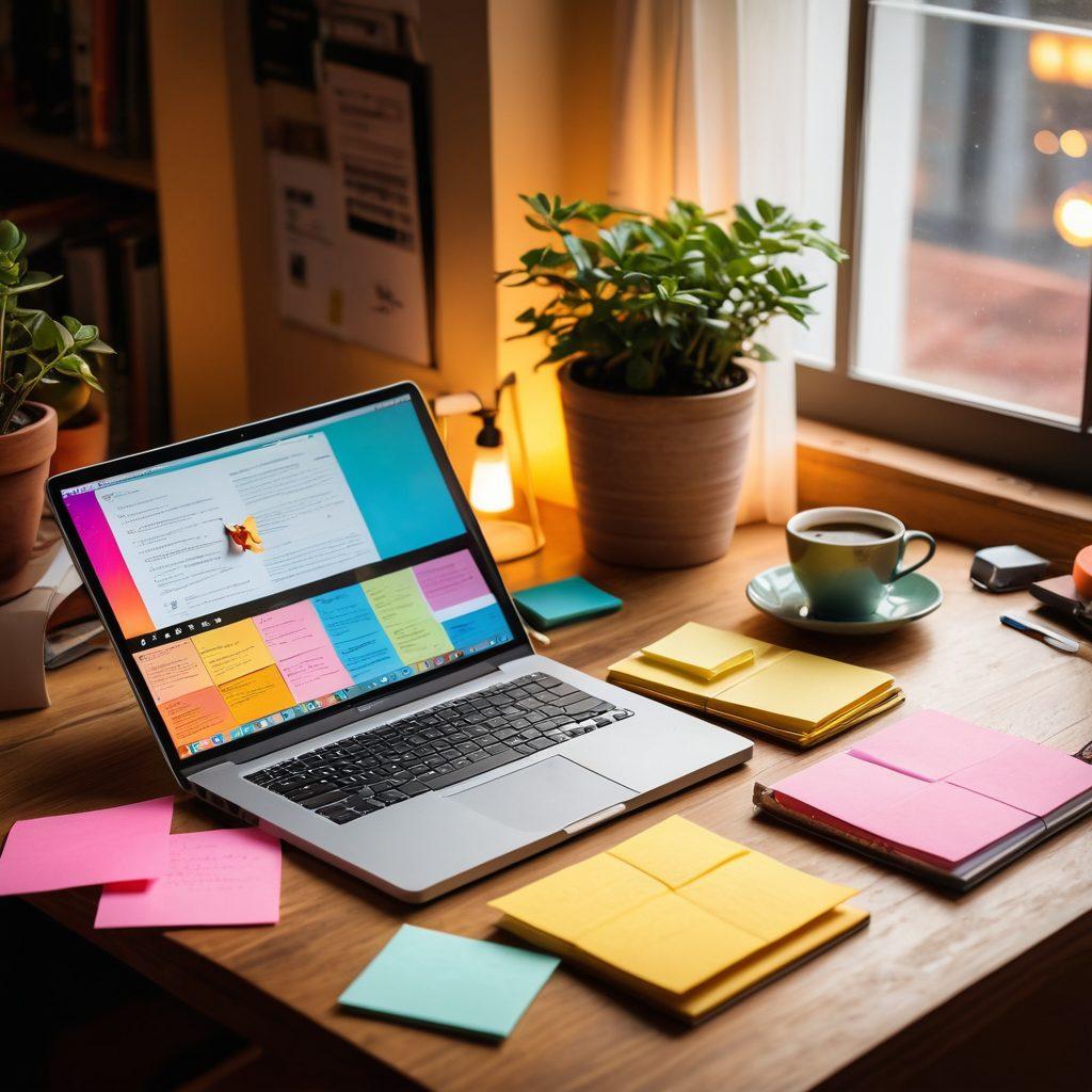 A creative workspace featuring a closed journal, a laptop displaying a microblogging platform, and colorful sticky notes scattered around. The scene is illuminated by warm, inviting light that inspires creativity, with elements like a cup of coffee and a plant in the background. The overall atmosphere should convey a blend of traditional journaling and modern digital content creation, symbolizing the evolution from writing on paper to sharing thoughts online. vibrant colors. cozy ambiance.