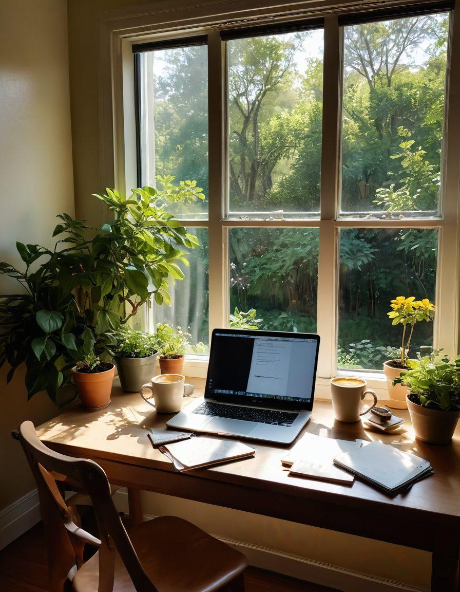 A serene writer’s desk by a window, sunlight filtering through, illuminating scattered notebooks, a steaming cup of coffee, and a laptop with an open blog page. A serene garden view outside, symbolizing natural elevation and creativity. Incorporate elements like plant life and gentle colors to evoke tranquility and inspiration. super-realistic. warm tones. minimalistic.