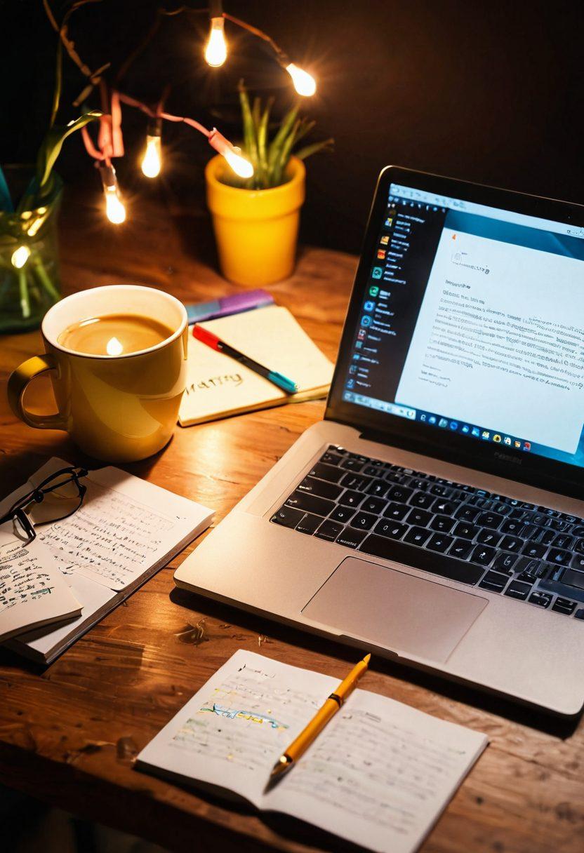 An open digital diary on a sleek laptop, with colorful digital notes and ideas swirling around, symbolizing creativity and inspiration. A cozy workspace with a warm cup of coffee and soft lighting in the background, inviting a sense of calm and focus. The scene conveys the journey of online writing, capturing the essence of crafting thoughts and stories. super-realistic. vibrant colors. soft focus.
